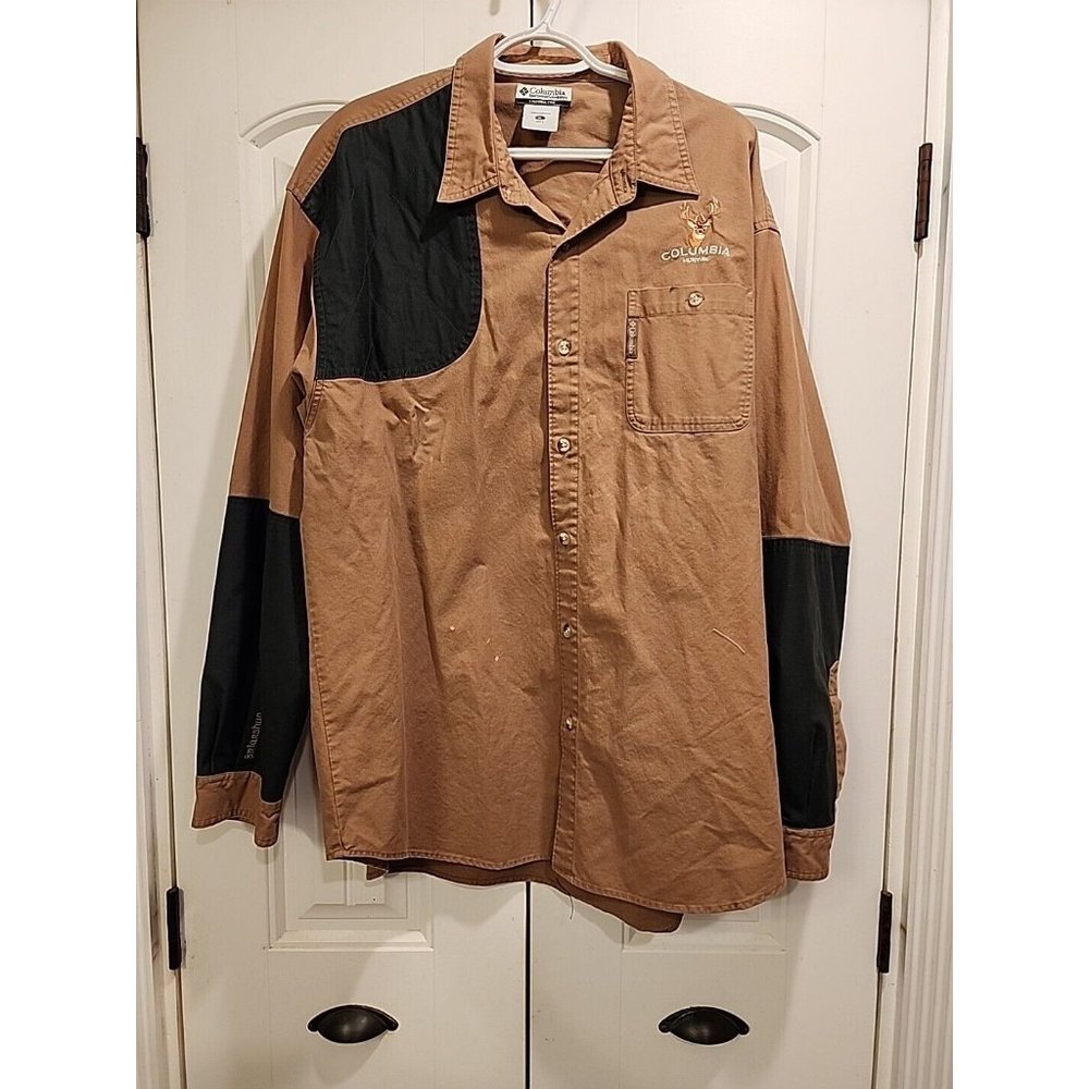 Sz XL Tan Columbia Padded Shoulder Shooting Shirt Embroidery Deer Skull Logo Men